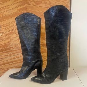 Schutz Analeah Boot - Black Crocodile Embossed Leather